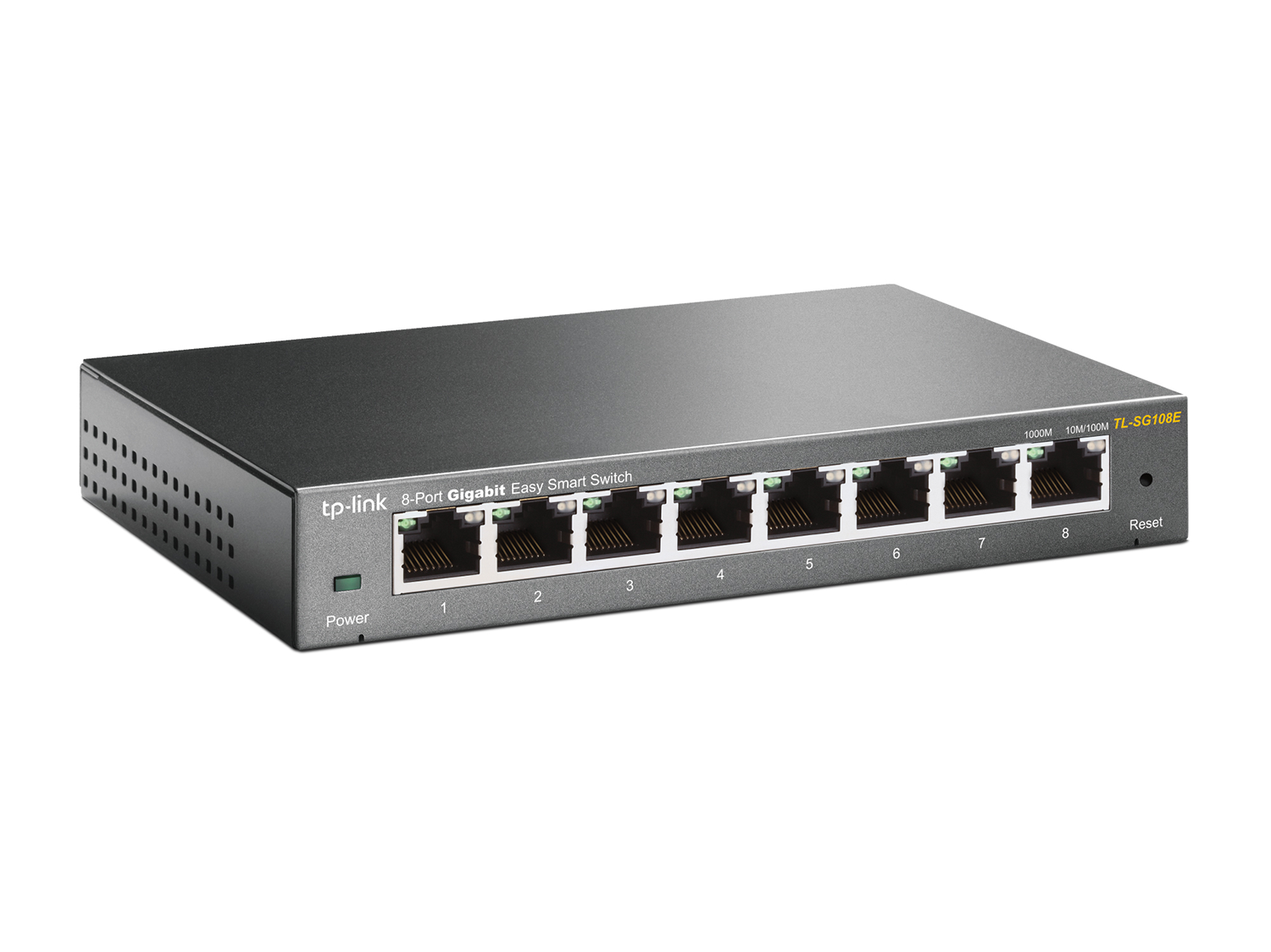 Zwarte tp-link 8-poorts gigabit switch. Poorten 1-8 zichtbaar. Aan/uit- en resetknoppen aanwezig.