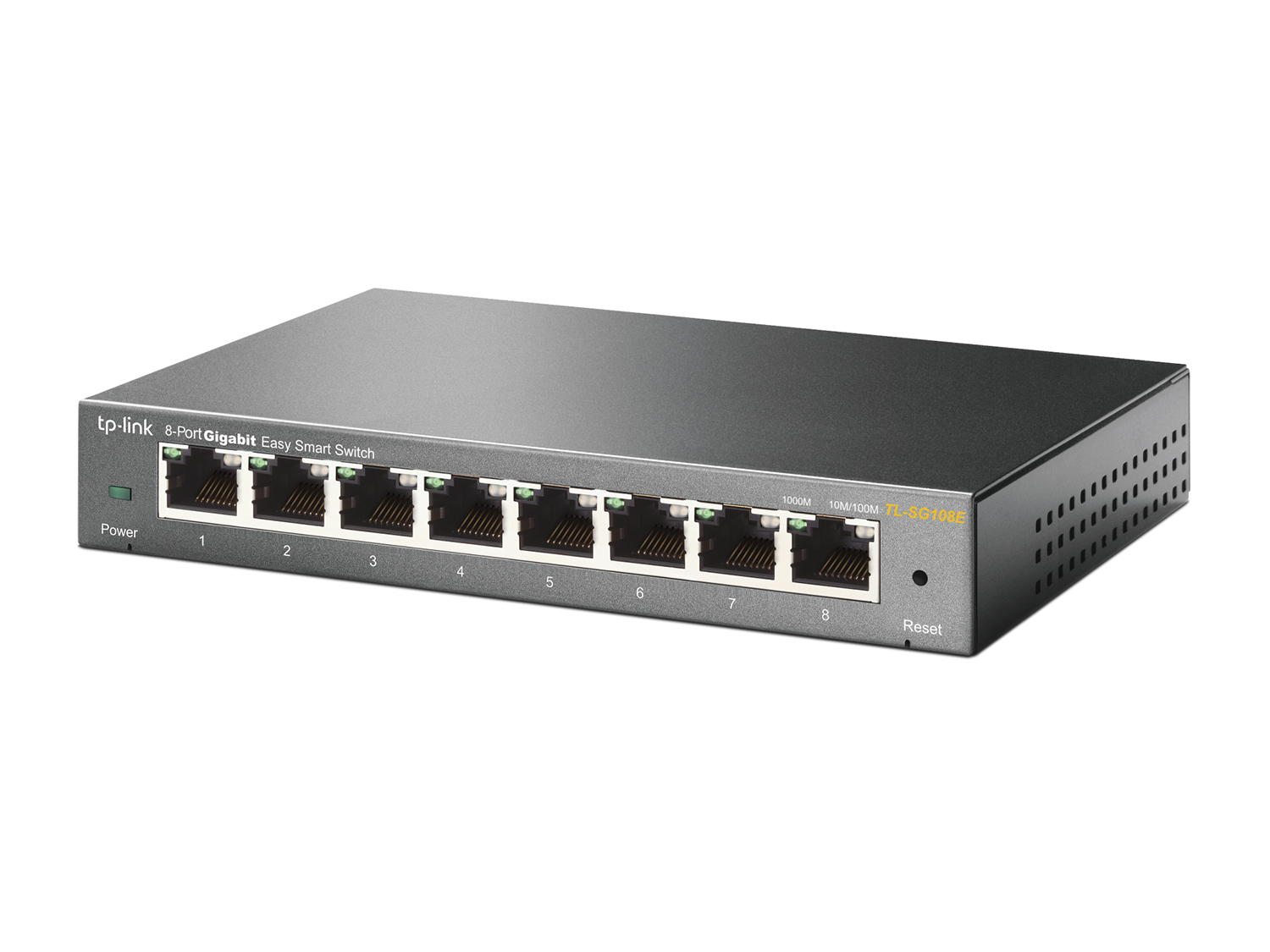 Een zwarte 8-poorts gigabit easy smart switch met witte achtergrond.