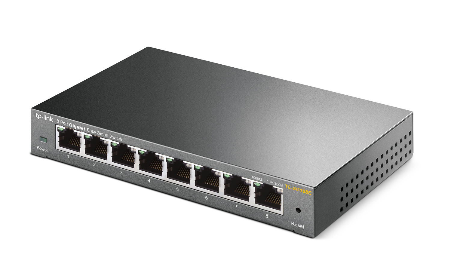 Een grijze TP-Link 8-poorts Gigabit Easy Smart Switch met 8 poorten en een resetknop.