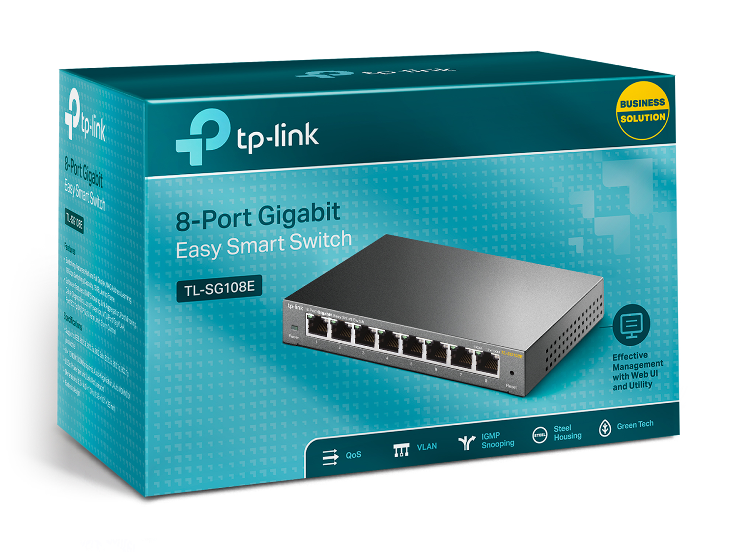 Doos van de TP-Link 8-poorts Gigabit Easy Smart Switch, met de functies vermeld.