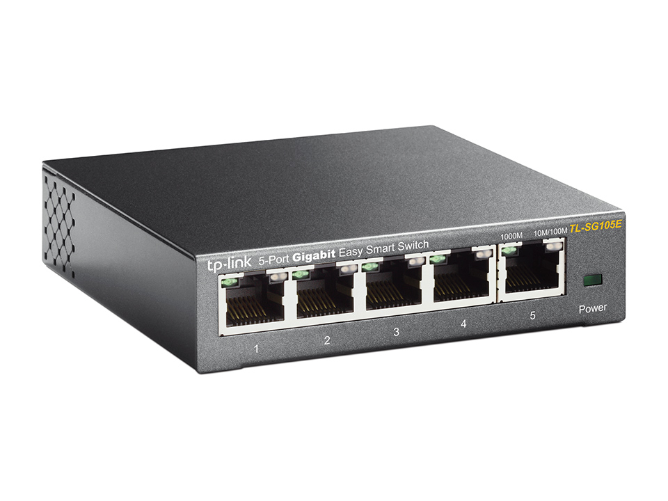 Black TP-Link 5-port gigabit switch with five numbered ports and a power indicator.