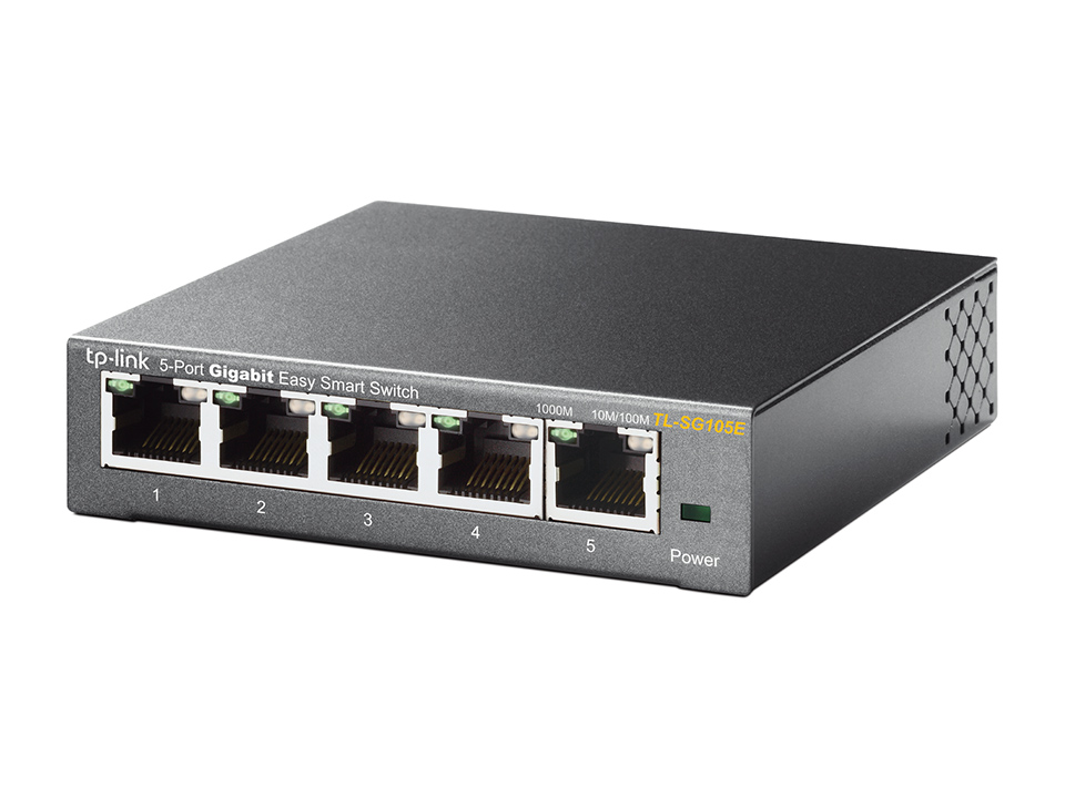 Black and gray tp-link 5-port gigabit easy smart switch. It has 5 ports and a power button.