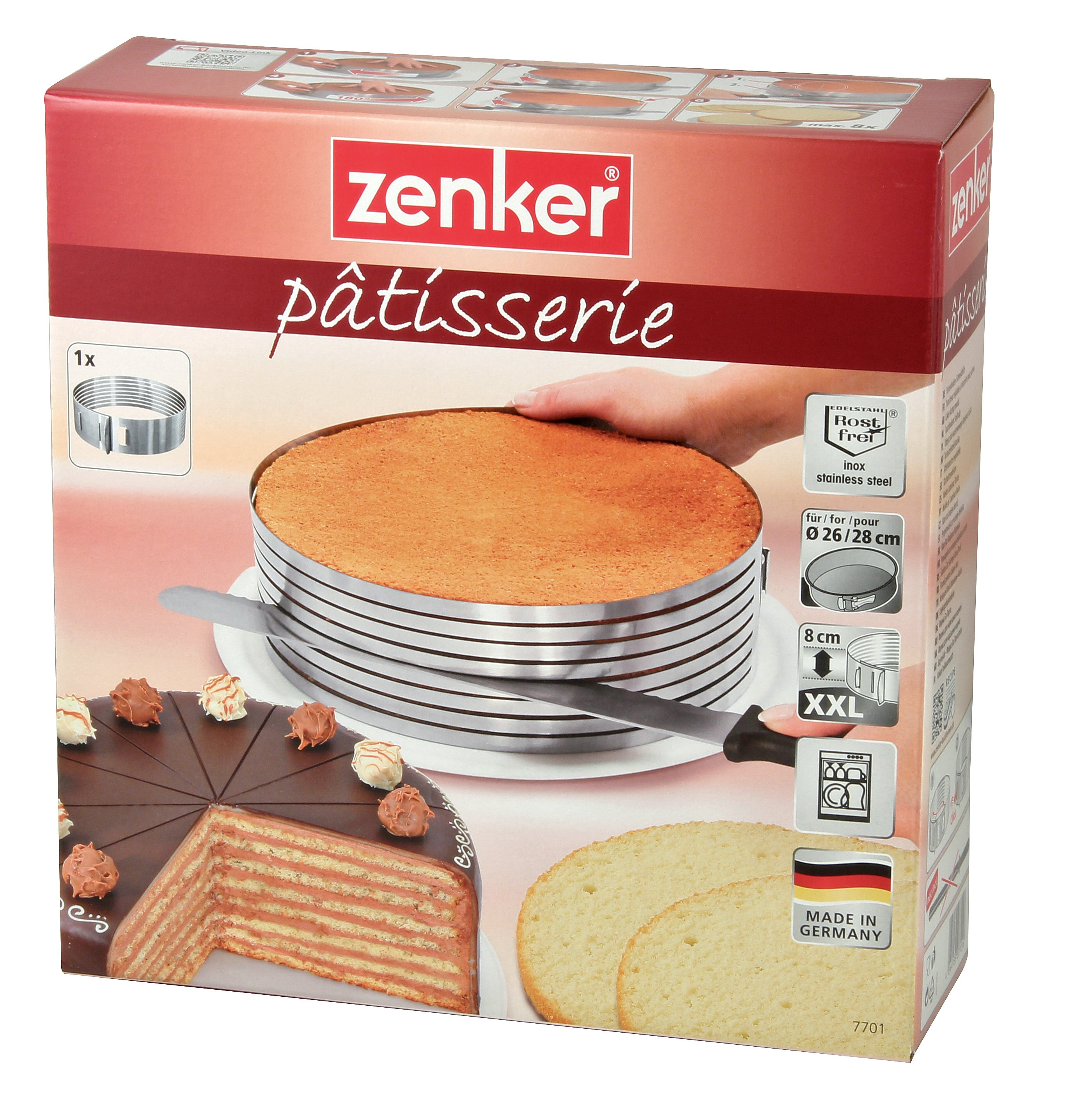 Kuchenpfannenbox, mit Kuchen, Messer und Kuchenscheiben. Box sagt 'zenker' und 'pâtisserie'.