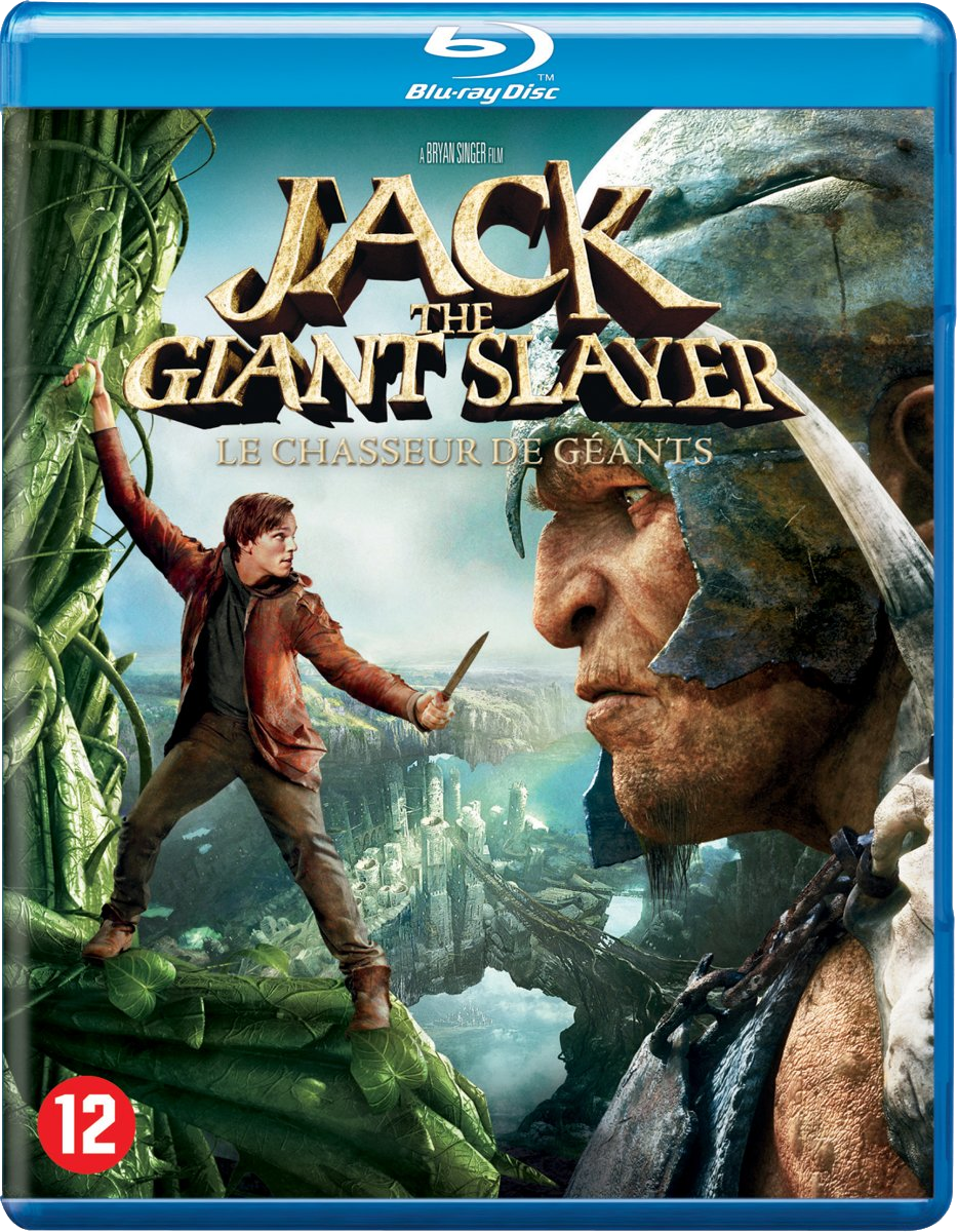 Disque Blu-ray de 'Jack le chasseur de géants'. Un homme combattant un géant, avec un château et un fond vert.