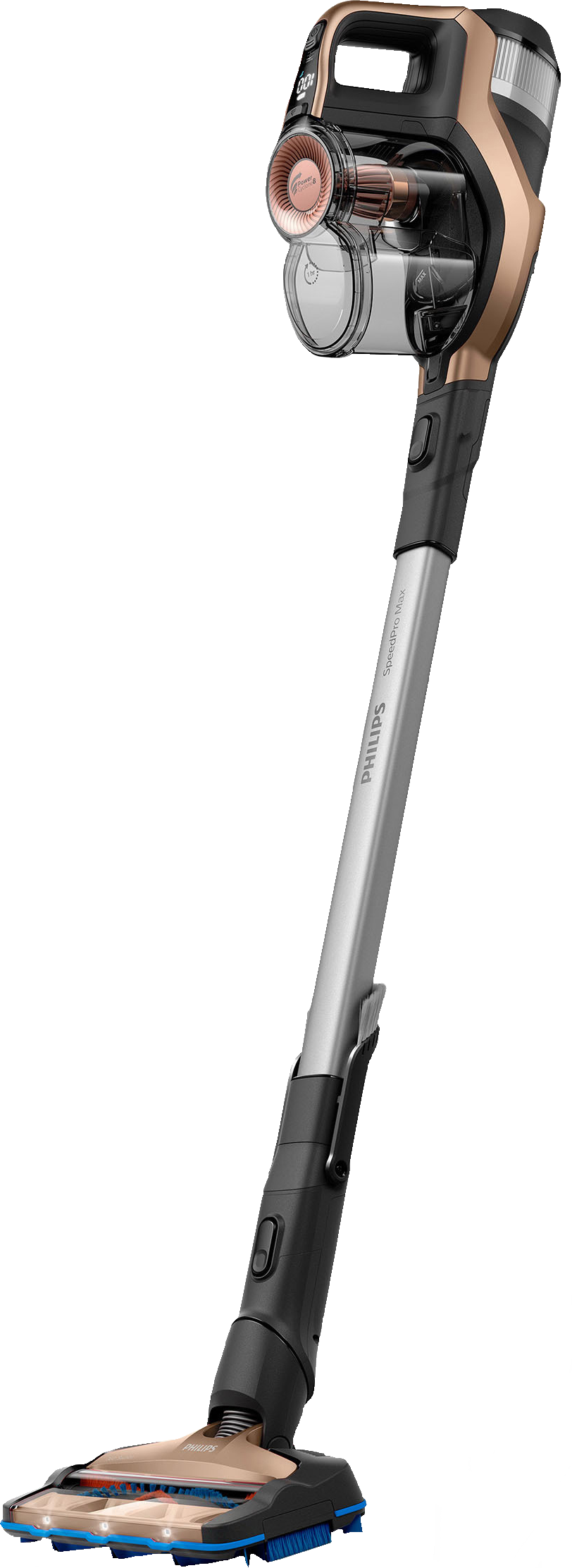 Kabelloser Staubsauger, gold und schwarz, mit langem Griff und Bürstenkopf.