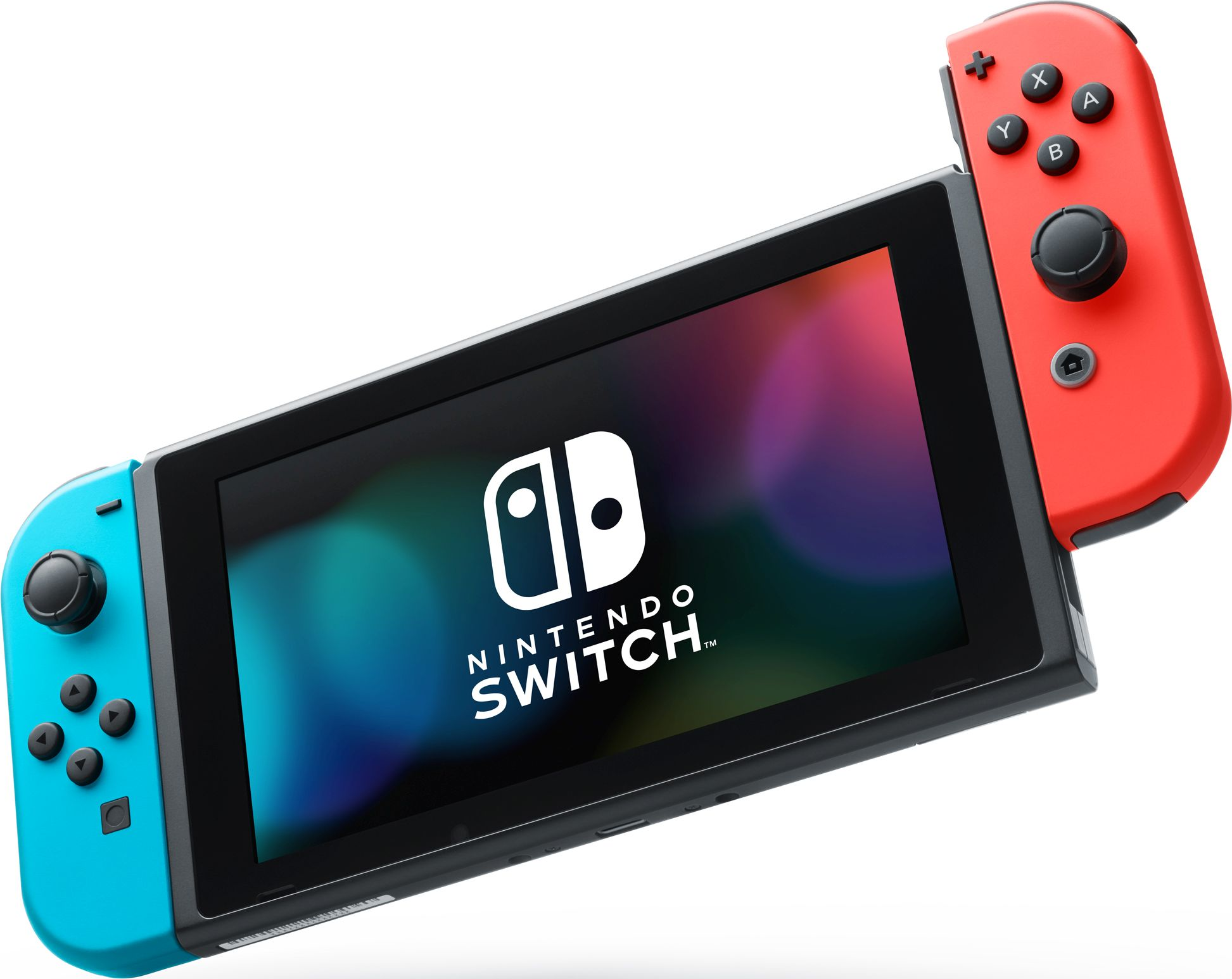 Nintendo Switch-Konsole mit roten und blauen Joy-Cons, abgewinkelt, weißer Hintergrund.