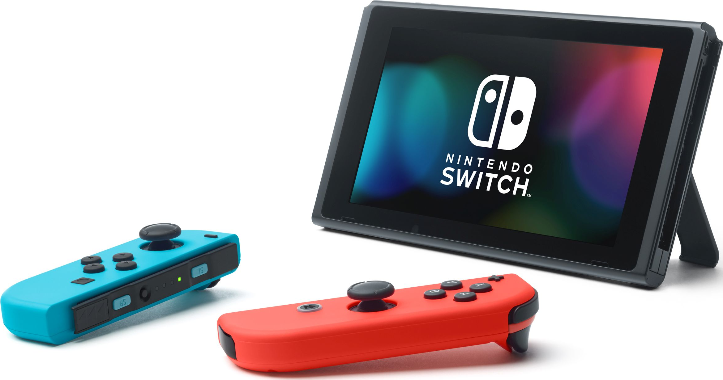 Nintendo Switch-Konsole mit blauen und roten Controllern auf weißem Hintergrund.