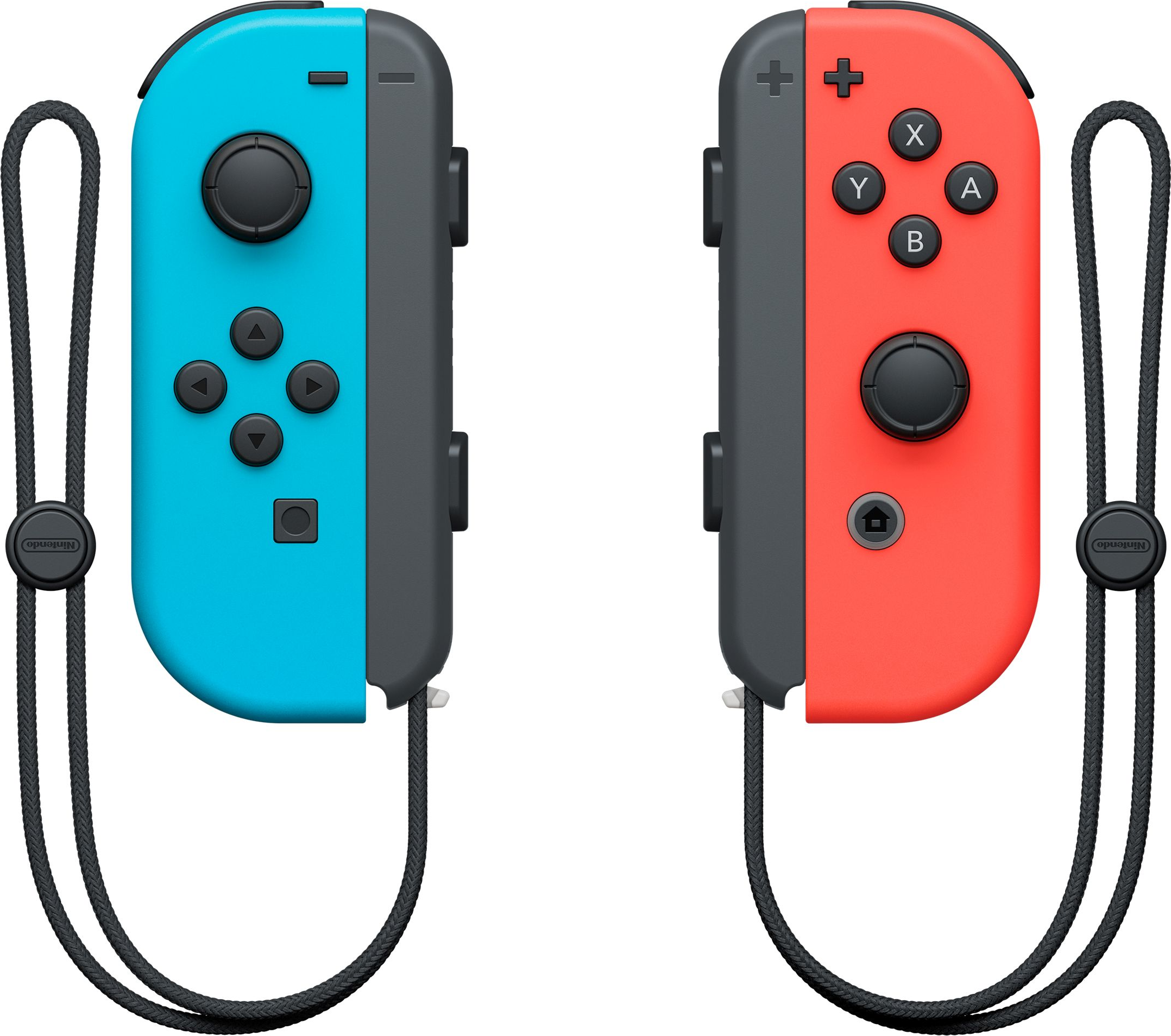 Zwei Nintendo Switch Joy-Con-Controller. Einer blau, einer rot, beide mit schwarzen Schlaufen und Knöpfen.