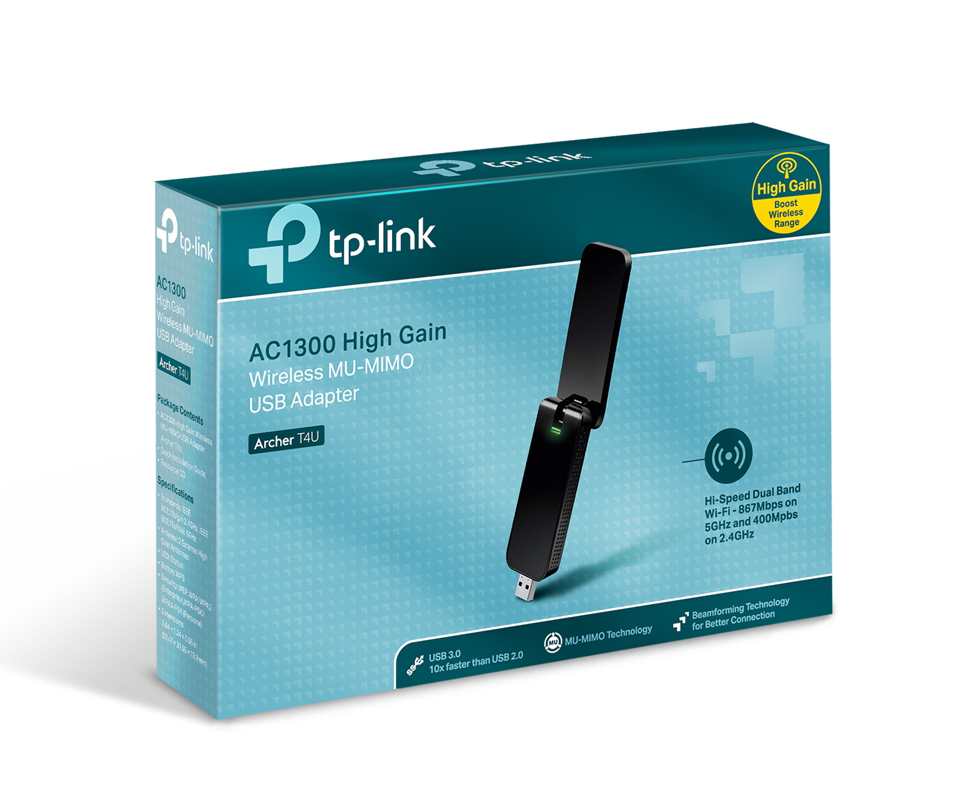 A TP-Link AC1300 USB adapter box is displayed. It features a black adapter, product details, and marketing information on a teal background.