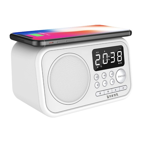 Radio despertador - Vieta Pro Wake VH-AQ100WH, FM, Bluetooth, Carga inductiva, USB, Blanco