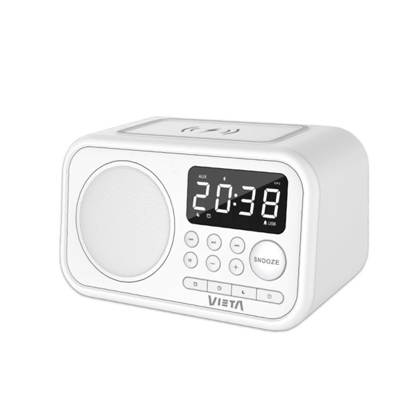 Radio despertador - Vieta Pro Wake VH-AQ100WH, FM, Bluetooth, Carga inductiva, USB, Blanco