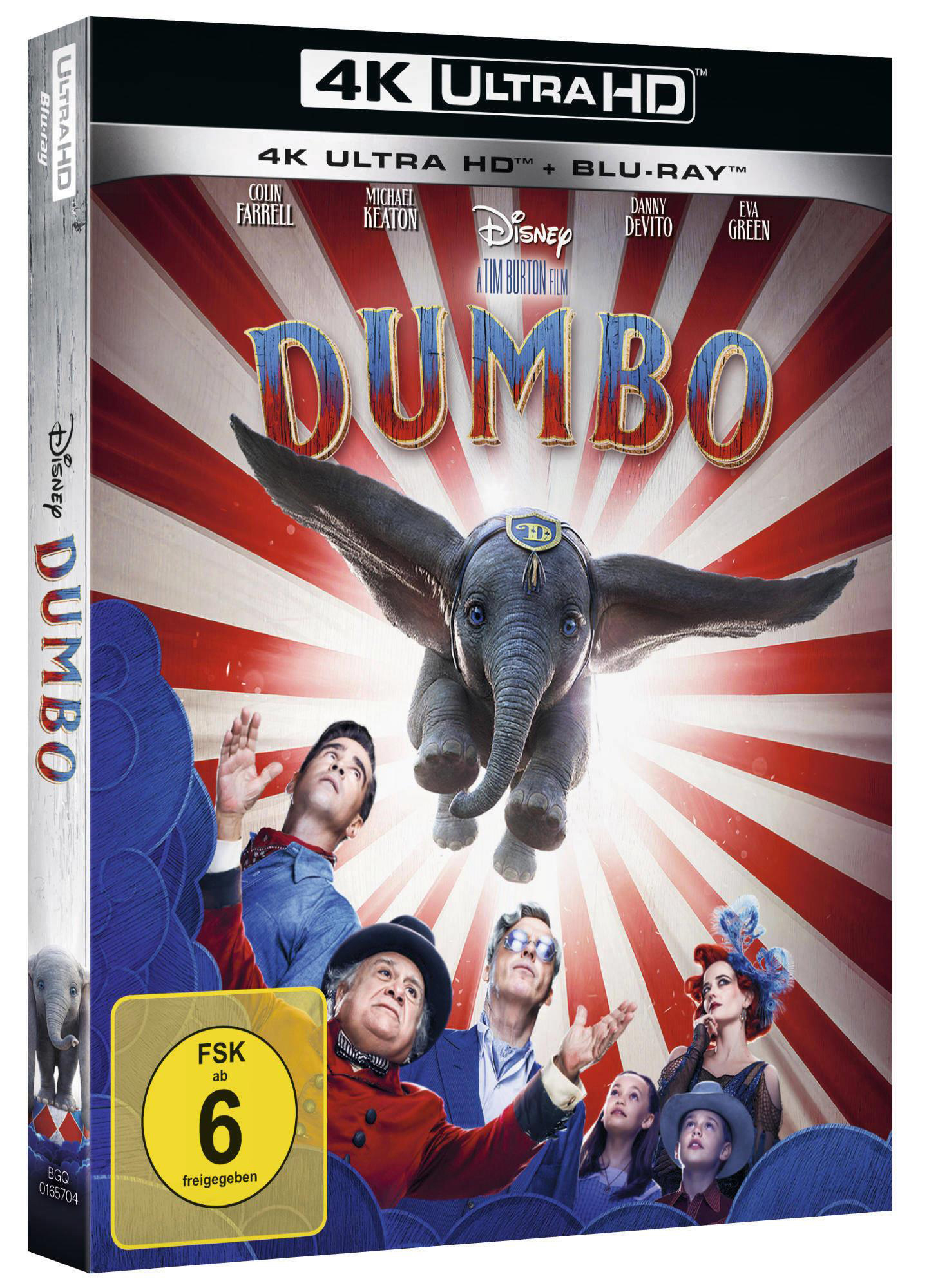 Dumbo Film Blu-ray. Cover zeigt Elefanten im Zirkus. Namen der Schauspieler aufgelistet.