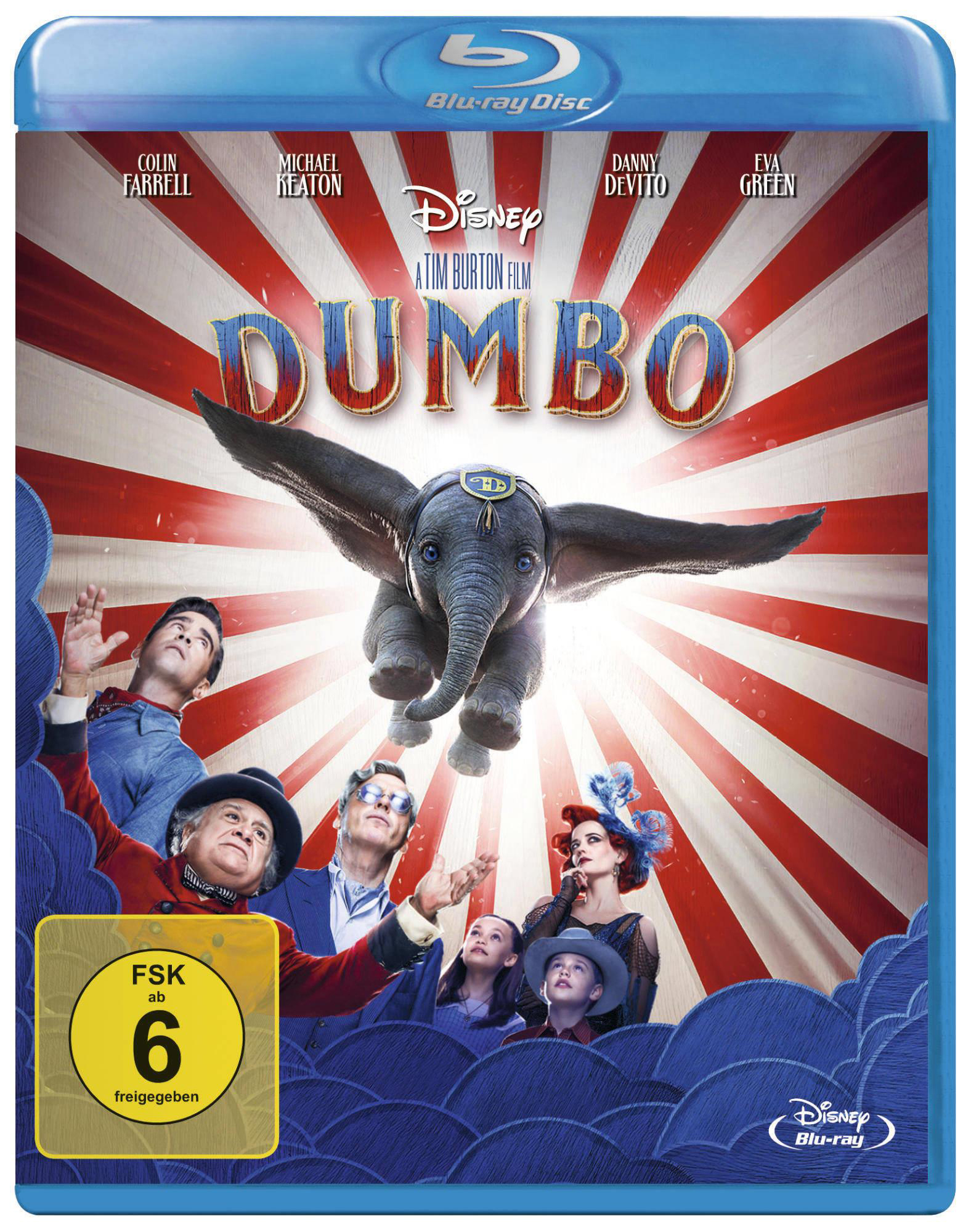 Dumbo Blu-ray-Hülle mit blauem Hintergrund. Charaktere sind auf dem Cover, einschließlich Dumbo beim Fliegen.