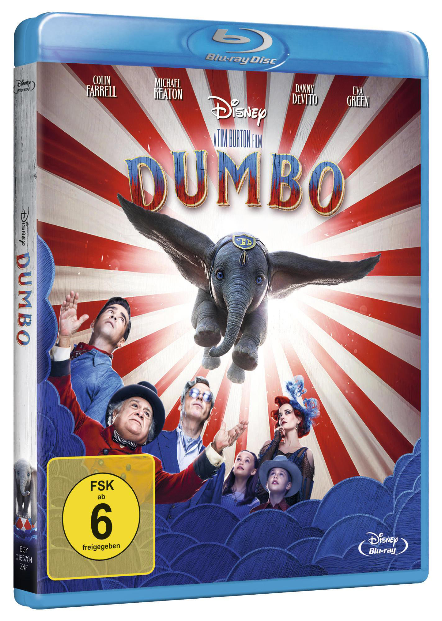 Dumbo Blu-ray-Cover. Dumbo fliegt über einem Zirkuszelt. Darsteller schauen nach oben.