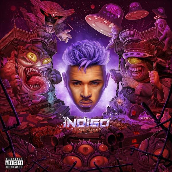 Albumcover. Chris Browns Gesicht in Lila. Monster, UFOs und das Wort "Indigo" sind im Hintergrund.