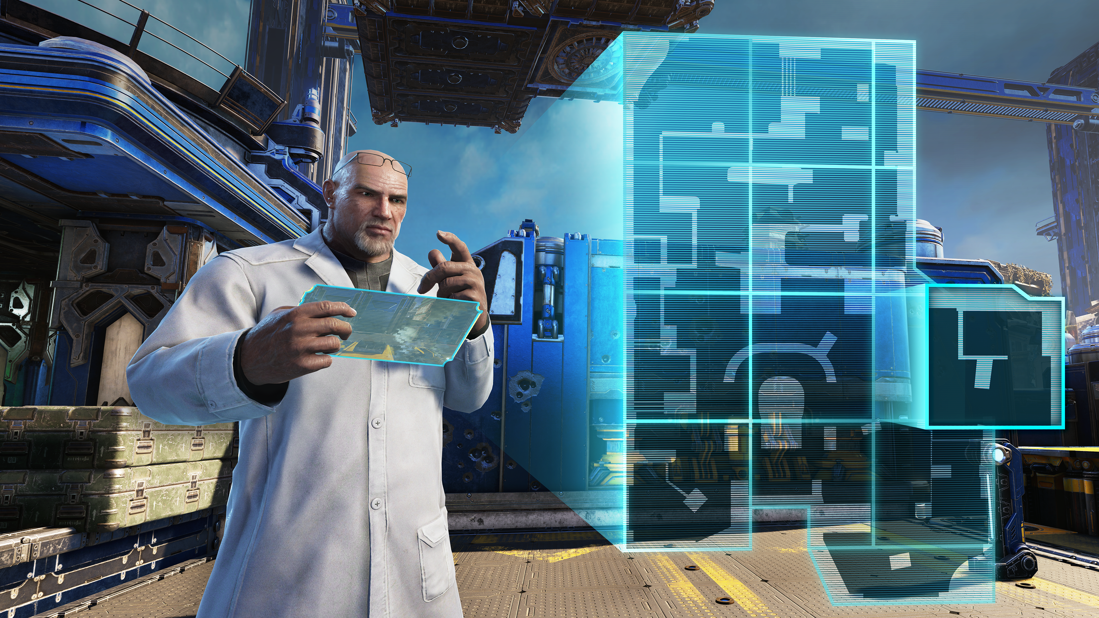 Un homme en blouse de laboratoire pointe un écran avec une carte. Le fond est une ville futuriste.