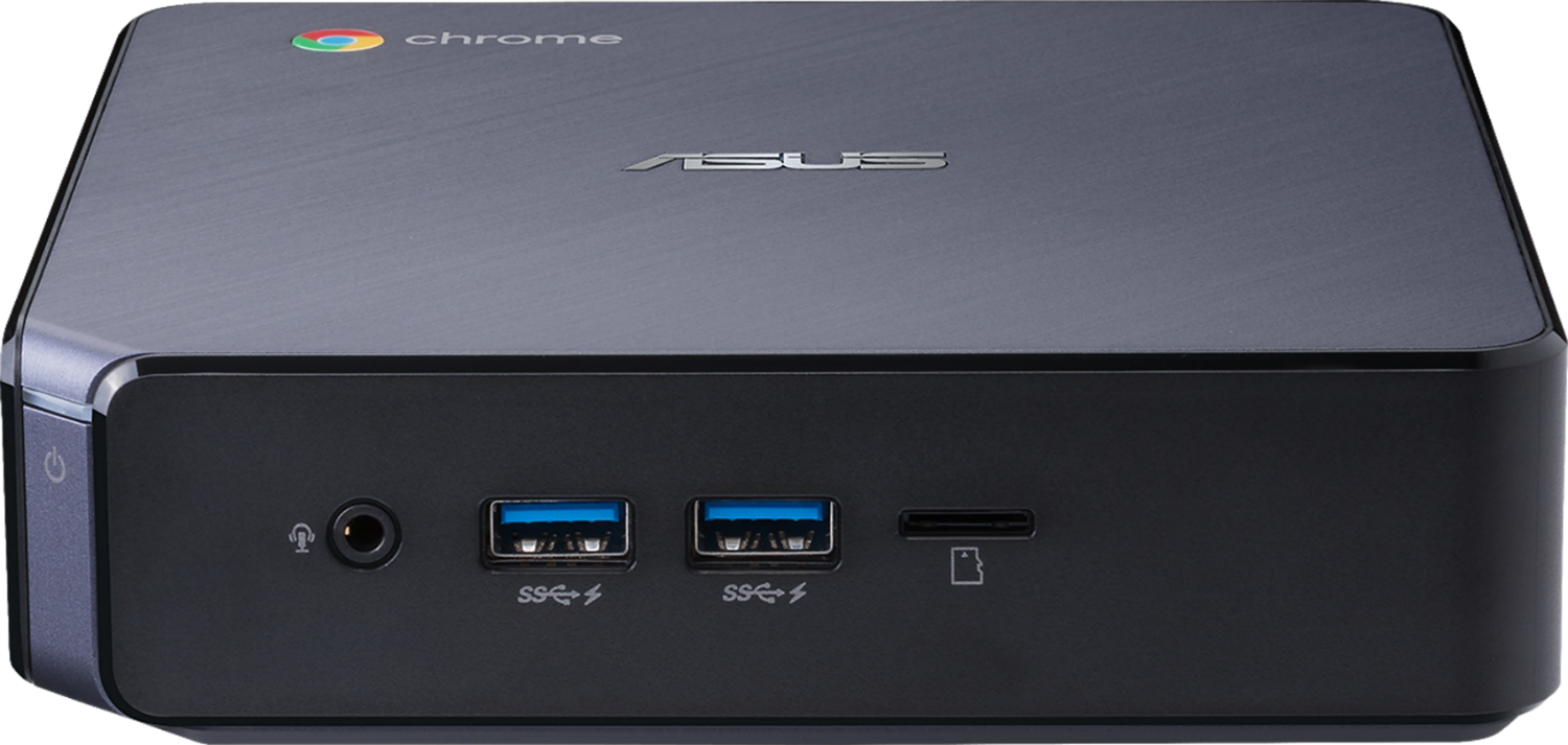 Mini PC Chrome ASUS negro con puertos en la parte frontal.