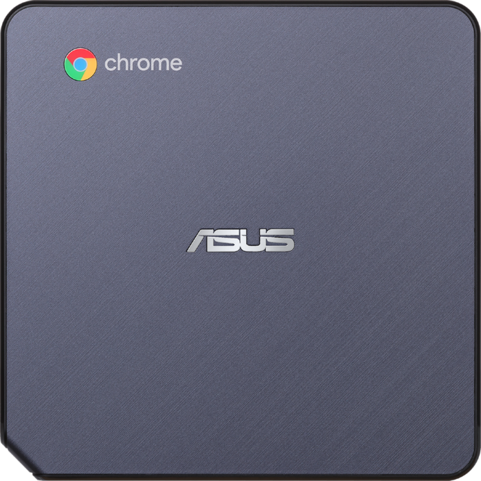 Un dispositivo ASUS Chrome gris. Logotipo de Chrome arriba a la izquierda, logotipo de ASUS en el centro. Superficie texturizada gris oscuro.