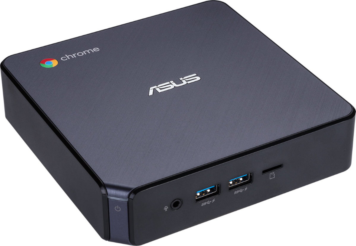 Mini PC Chrome ASUS negro. La parte frontal tiene puertos USB, conector para auriculares y botón de encendido.