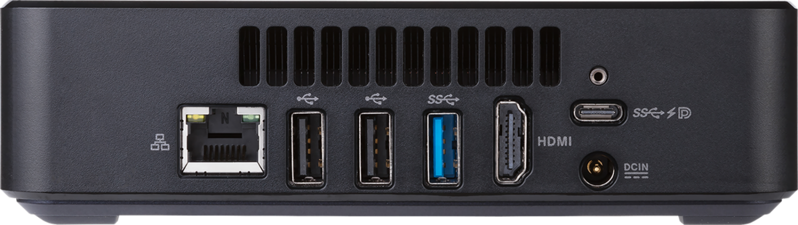 Parte trasera de una pequeña computadora negra con puertos.