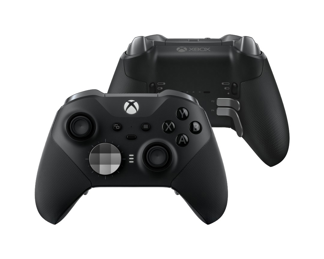 Schwarzer Xbox Elite Series 2 Controller, Vorder- und Rückansicht, auf weißem Hintergrund.