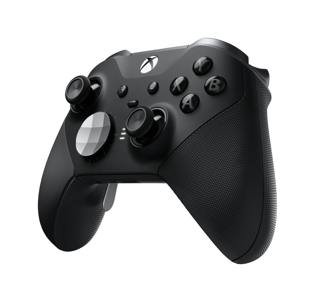 Schwarzer Xbox Elite Series 2 Controller. Er hat mehrere Tasten und einstellbare Funktionen.