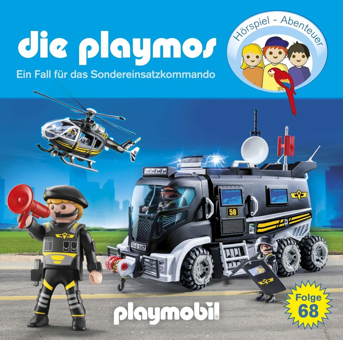 Ein Playmobil-Set zeigt einen Polizeiwagen und einen Hubschrauber mit Figuren, bunte Illustration.