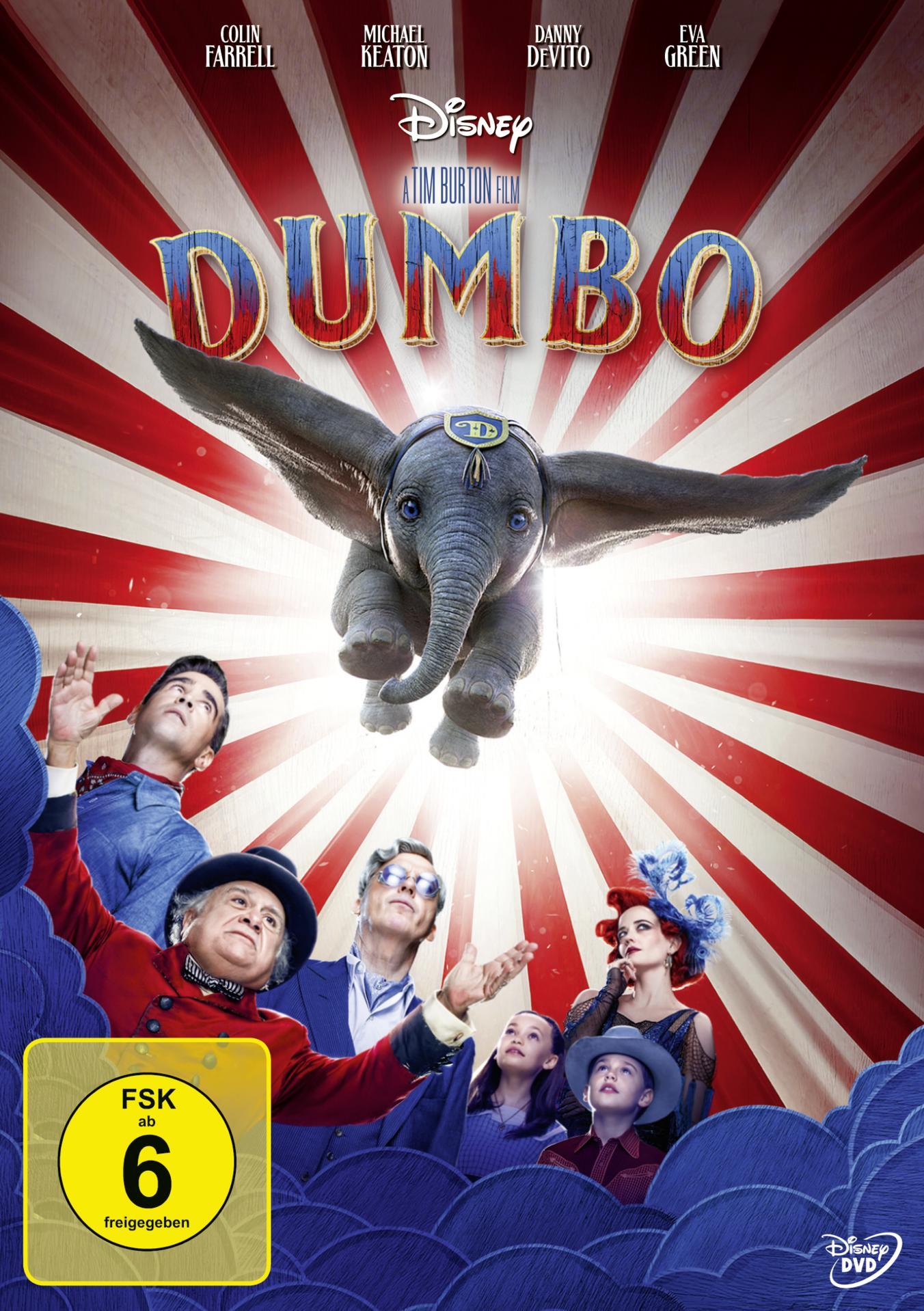 Filmplakat für Dumbo, mit dem fliegenden Elefanten, Schauspielern und einem rot-weiß gestreiften Hintergrund.