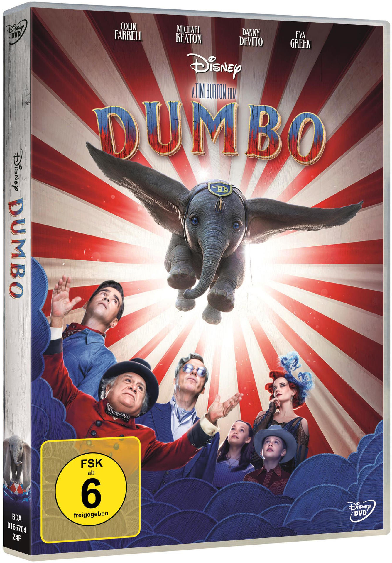 Dumbo DVD-Cover mit Schauspielern, einem fliegenden Elefanten und Zirkus-Thema. Blaue und rote Farben.