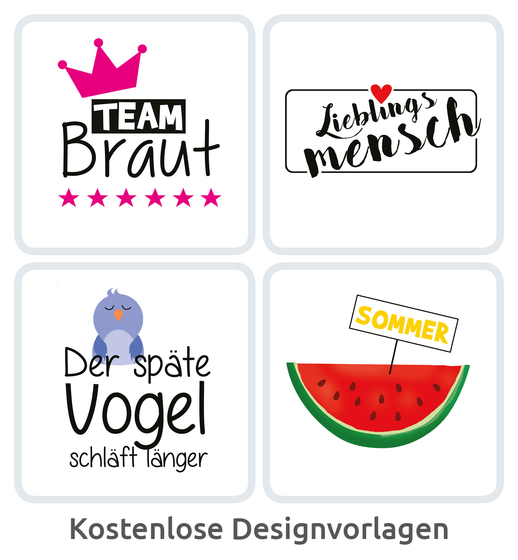 Vier grafische Designs mit Text. Die Designs umfassen eine Krone, ein Herz, einen Vogel und eine Wassermelone auf weißem Grund.
