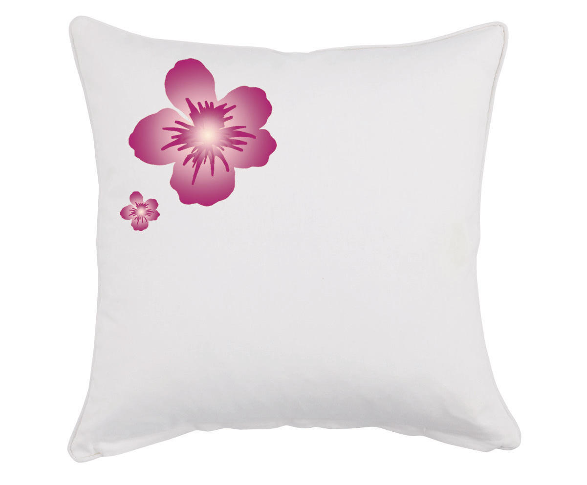 Weißes Kissen mit pinkfarbenem Blumendesign.