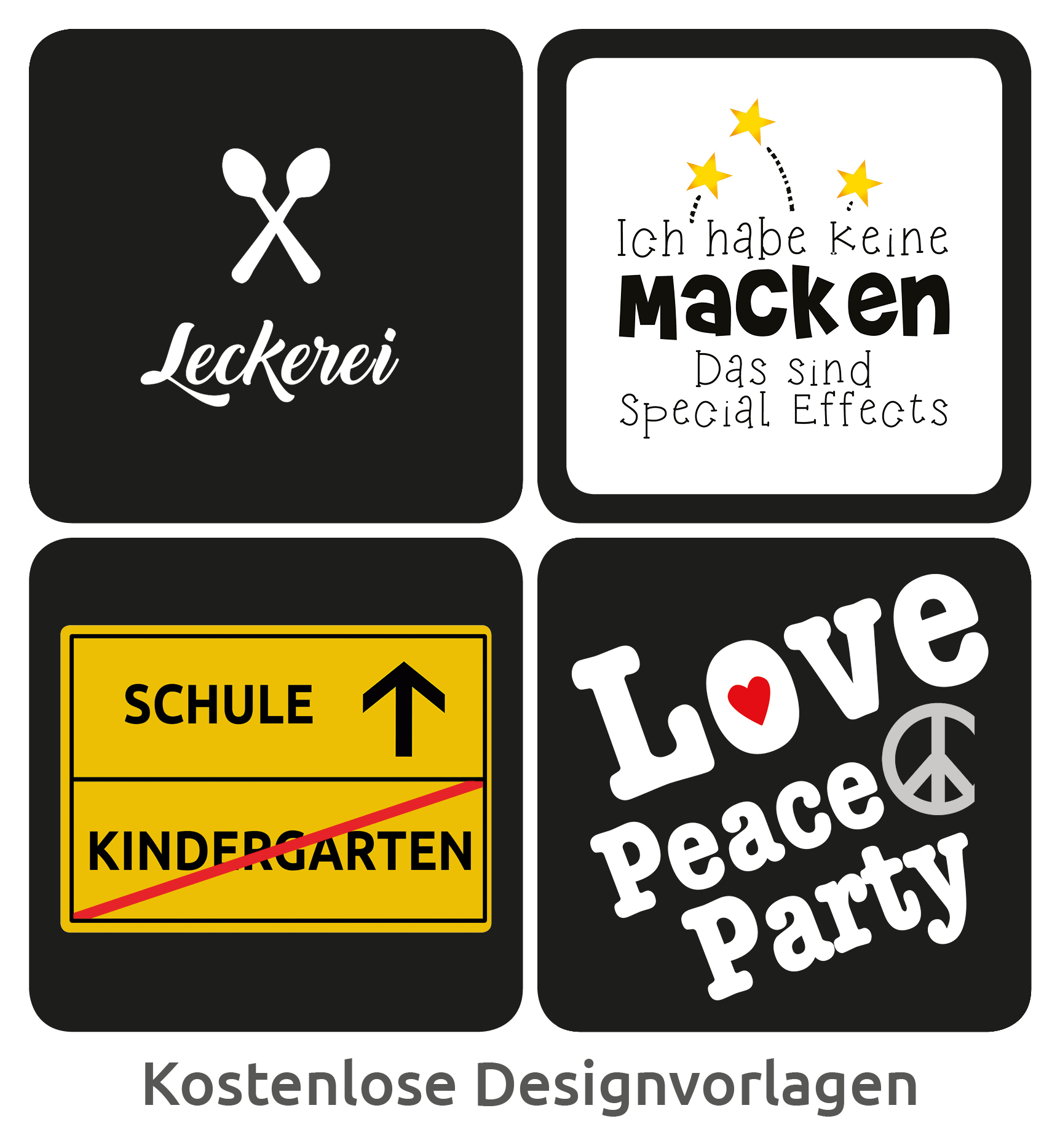 Vier quadratische schwarze Aufkleber, jeder mit weißem Text und Symbolen. Themen sind Essen, Spezialeffekte und Schule.