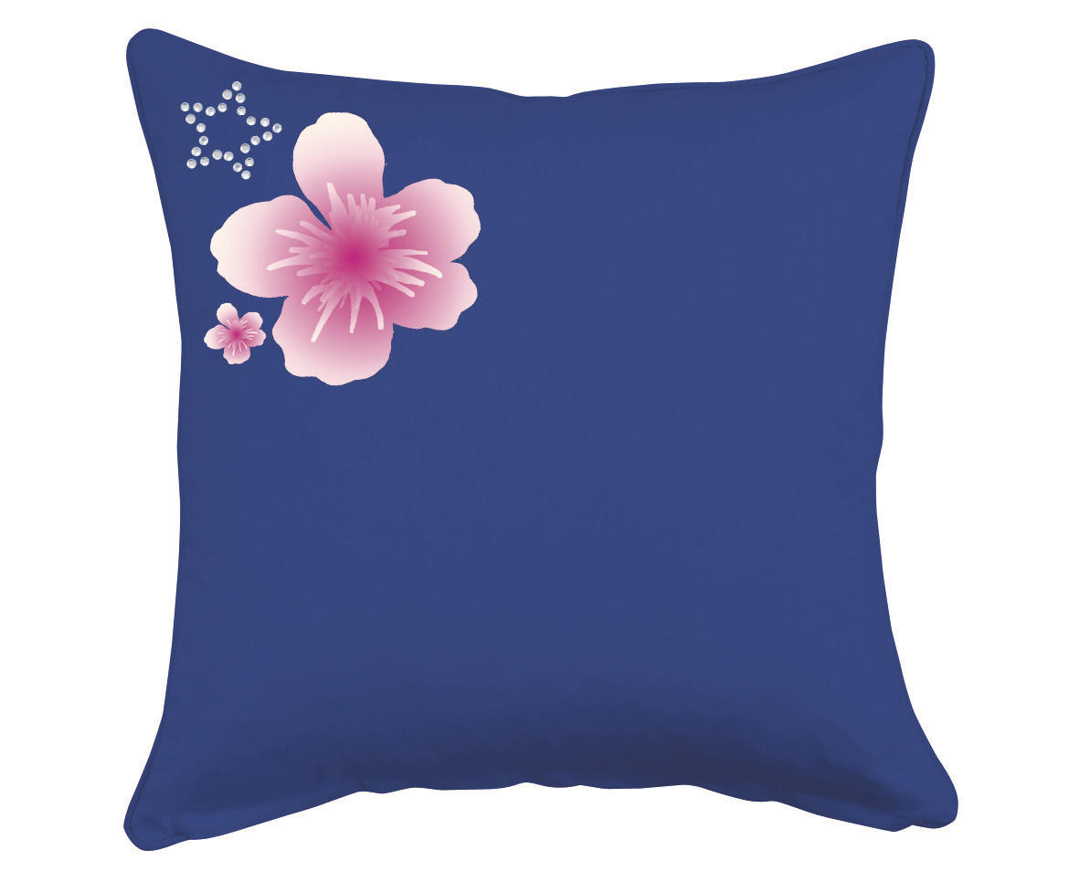 Blaues Kissen mit rosa Blumendesign.