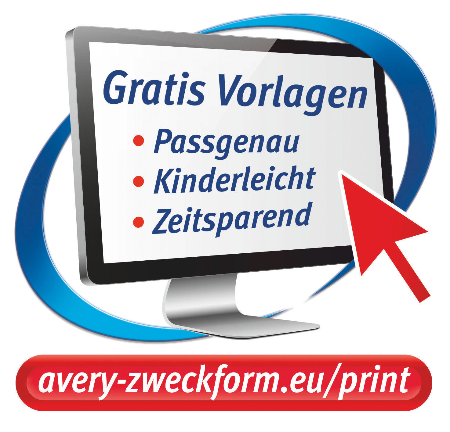 Computerbildschirm mit Text auf Deutsch: 'Gratis Vorlagen'. Anderer Text in Rot. Pfeil nach rechts.