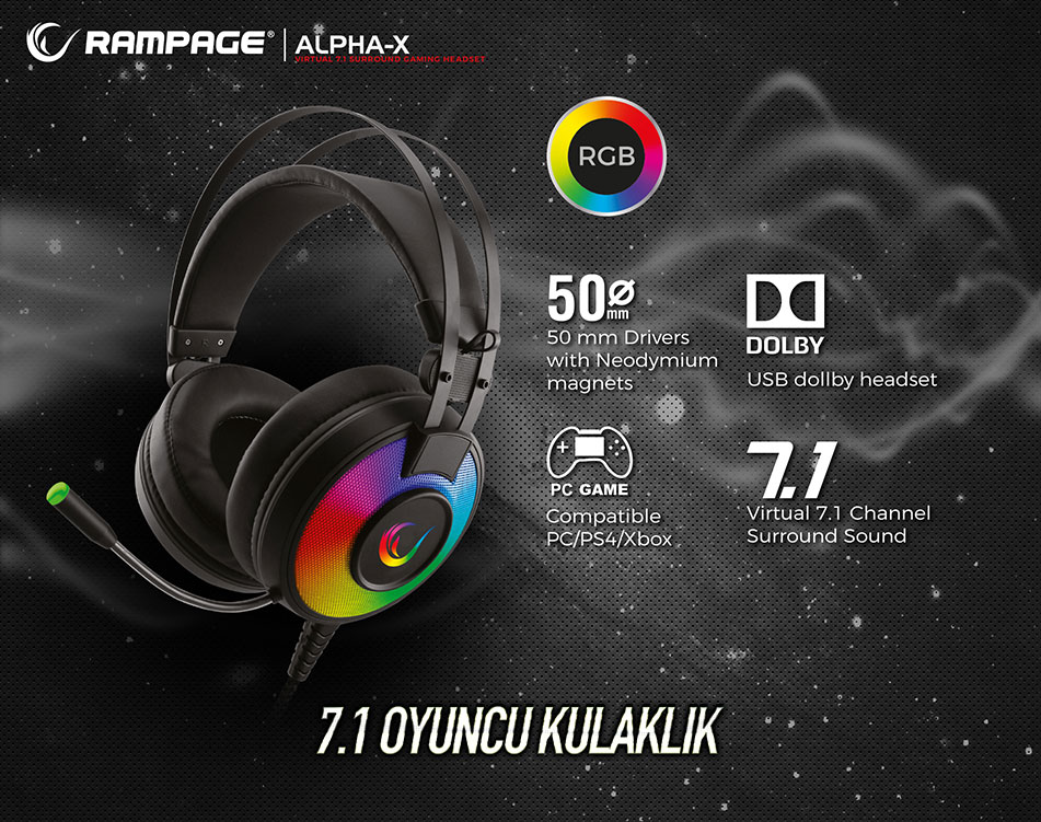 RGB aydınlatmalı ve 7.1 surround ses gibi özellikleri açıklayan metin içeren oyun kulaklığı.