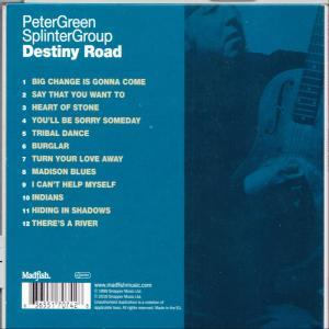Rückseite eines CD-Covers mit Songliste. Blauer Hintergrund. Peter Green Splinter Group, Destiny Road.