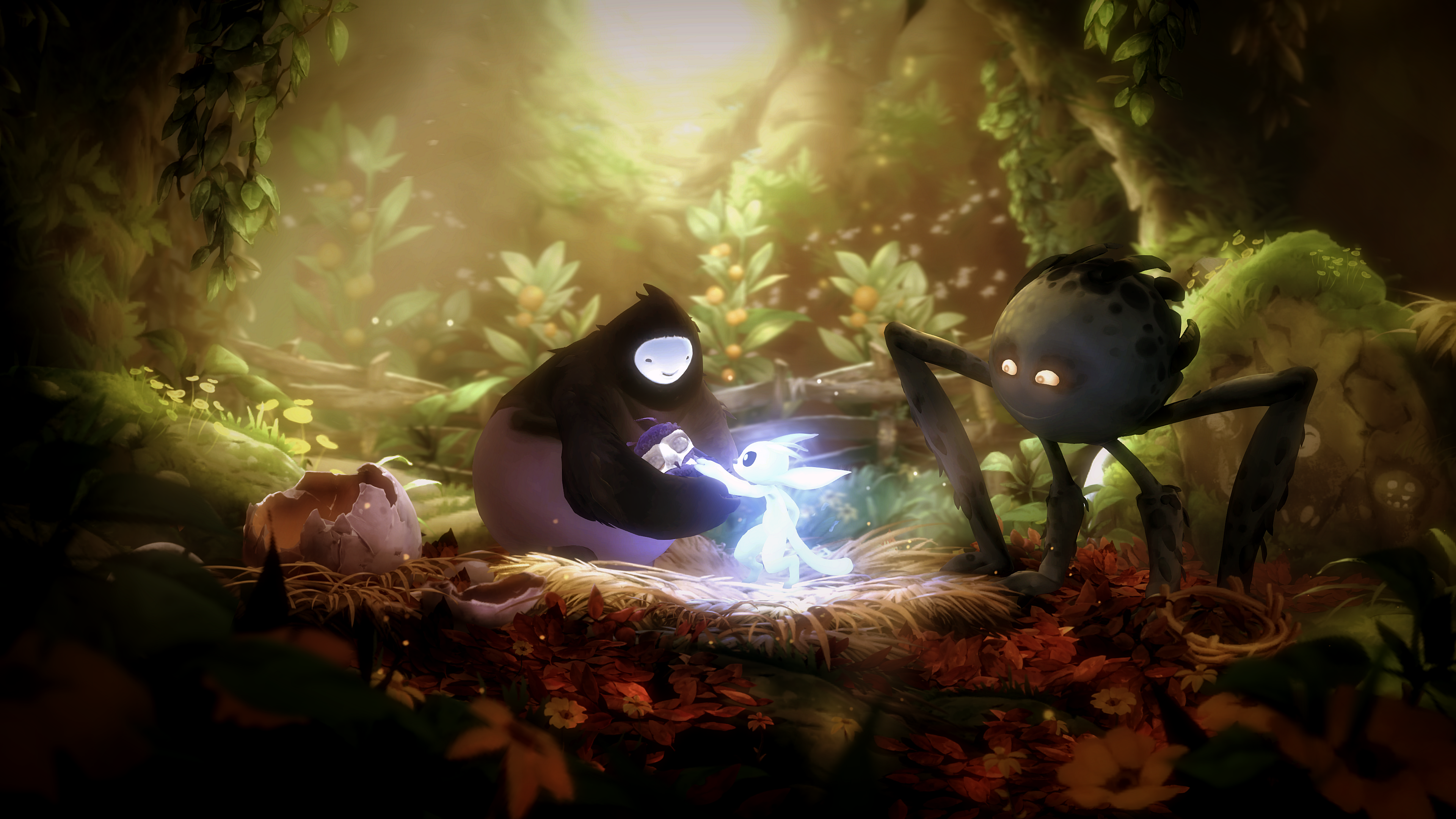 Une scène de forêt avec deux grandes figures et une petite créature lumineuse. La lumière du soleil brille à travers les arbres.