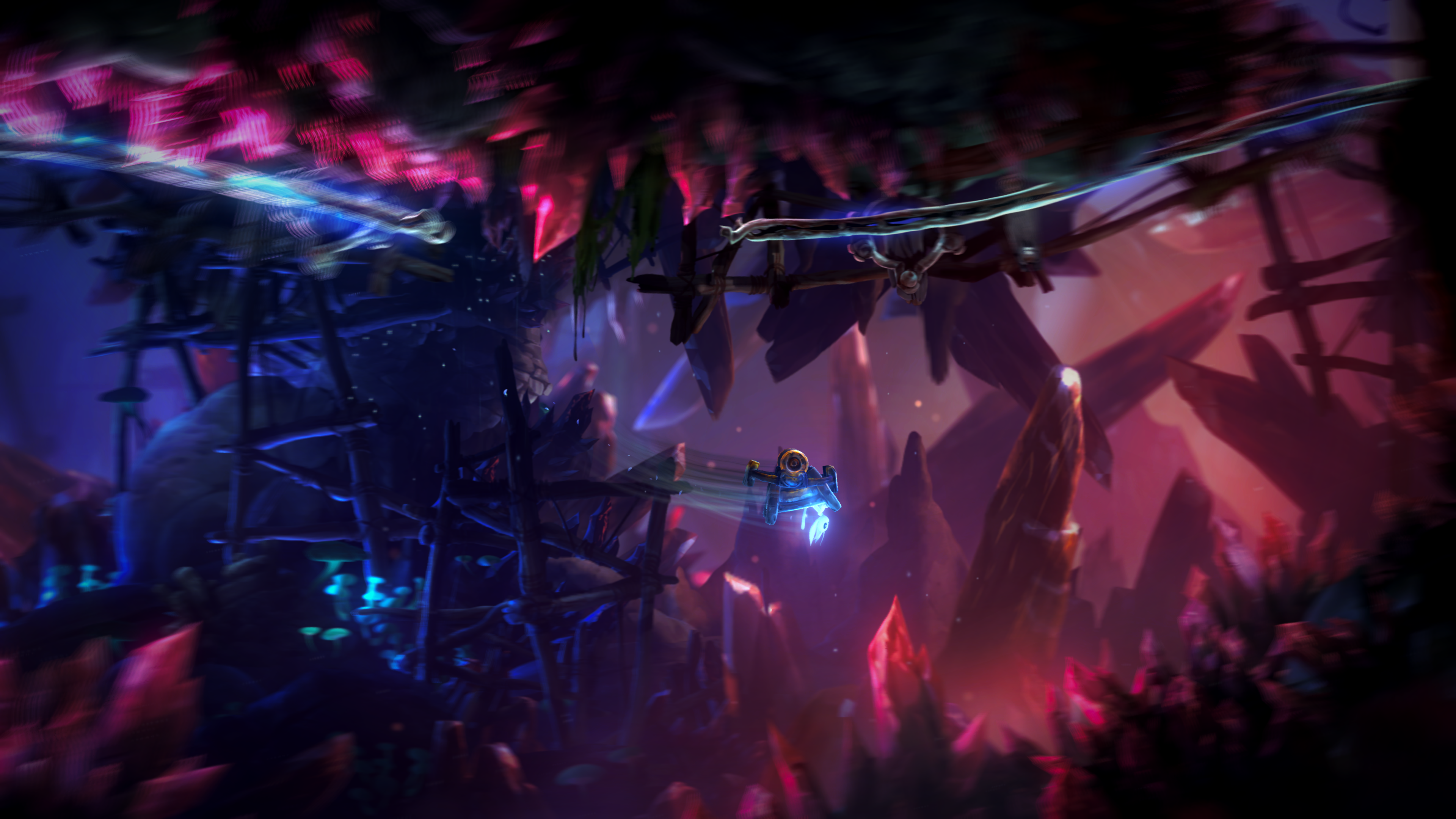 Un personnage bleu vole dans une grotte avec des cristaux brillants et des structures en bois.