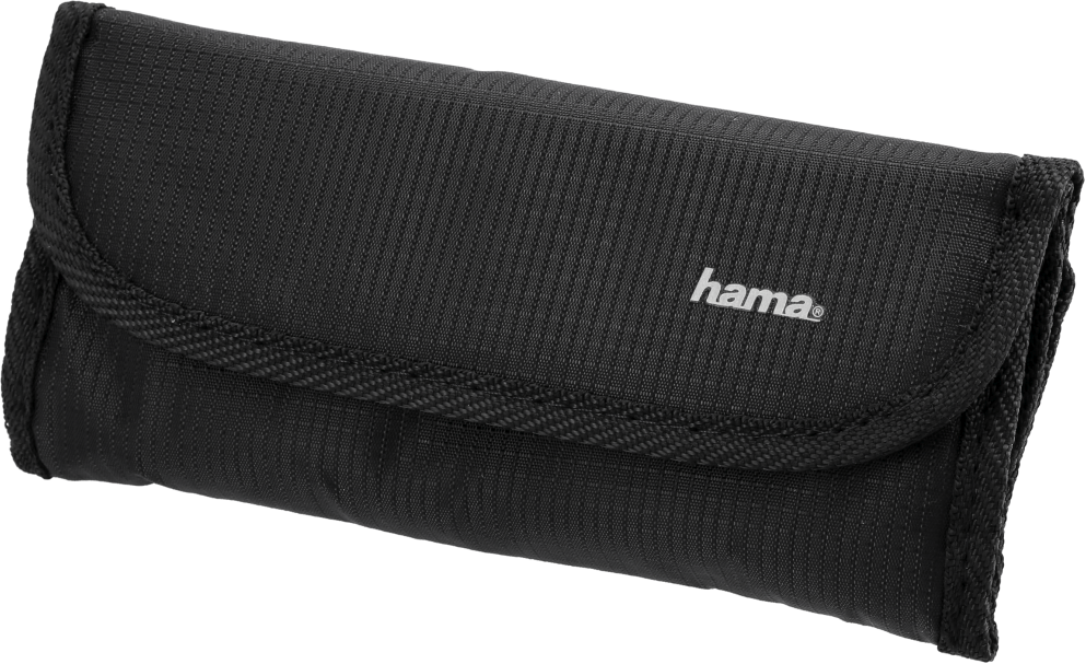 Un étui Hama noir plié. Le logo Hama est visible.