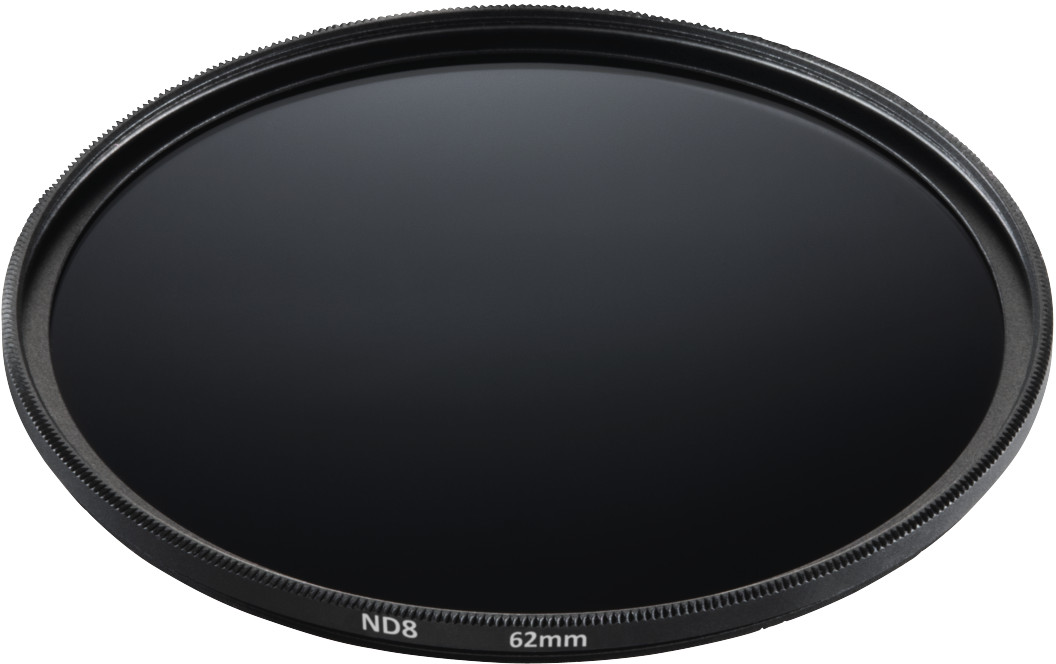 Un filtre d'objectif d'appareil photo ND8 62mm gris foncé. Il est rond et en verre.