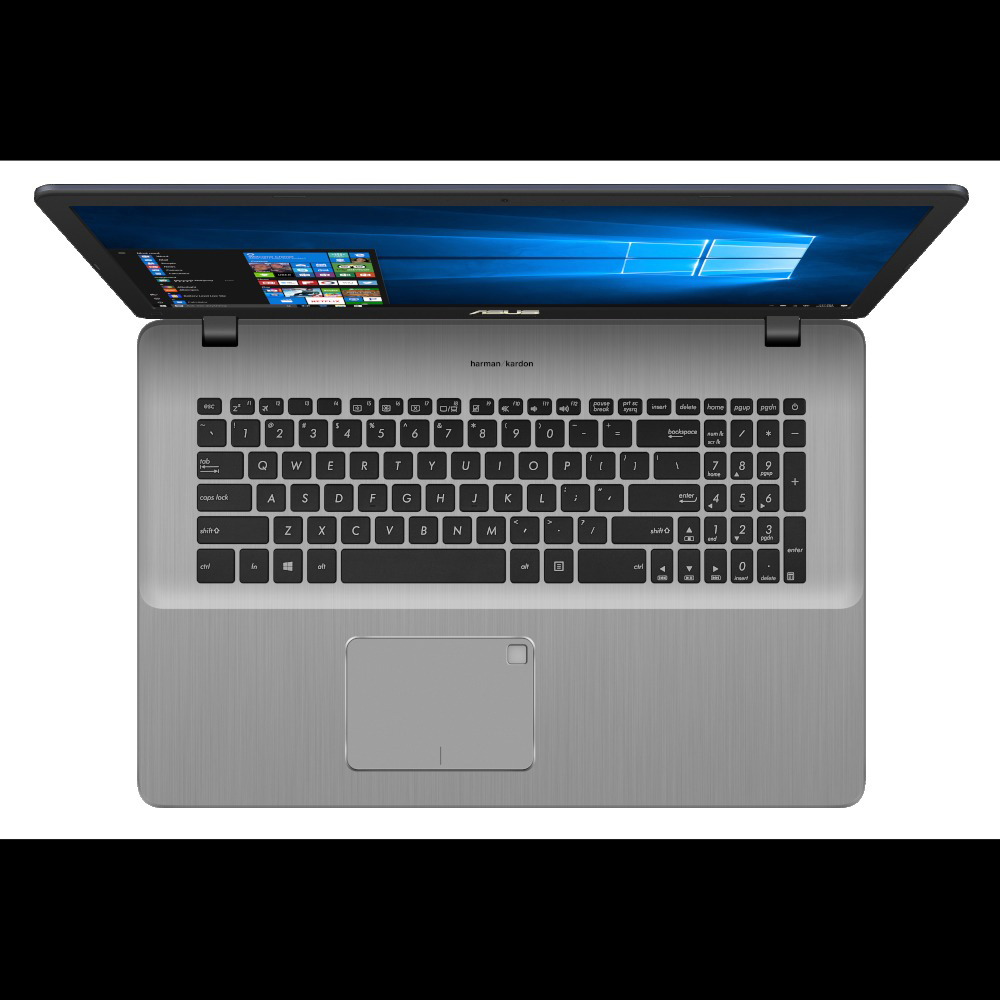 Laptop-Computer, Draufsicht, geöffnet mit Tastatur und Touchpad, auf grauer Oberfläche.