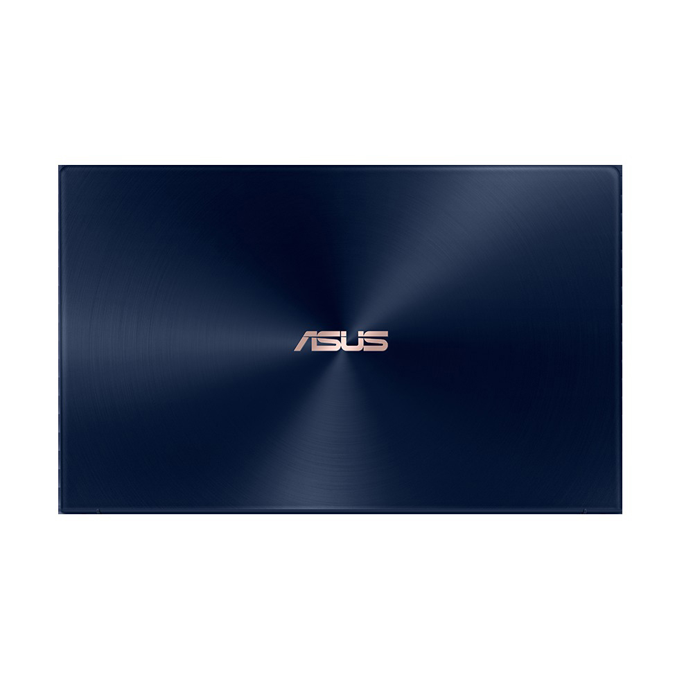 Dunkelblauer Laptopdeckel mit ASUS-Logo. Metallische, blaue, glänzende Oberfläche.