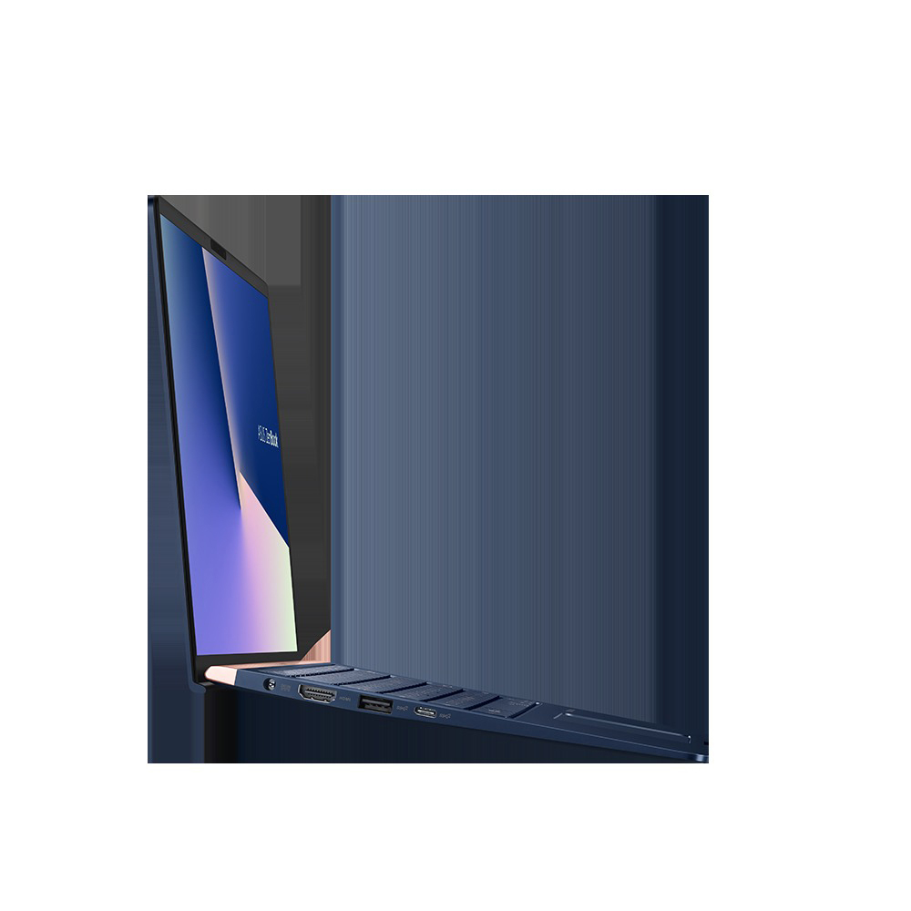 Ein dunkelblaues Laptop von der Seite, mit einem Bildschirm, der eine digitale Anzeige zeigt.