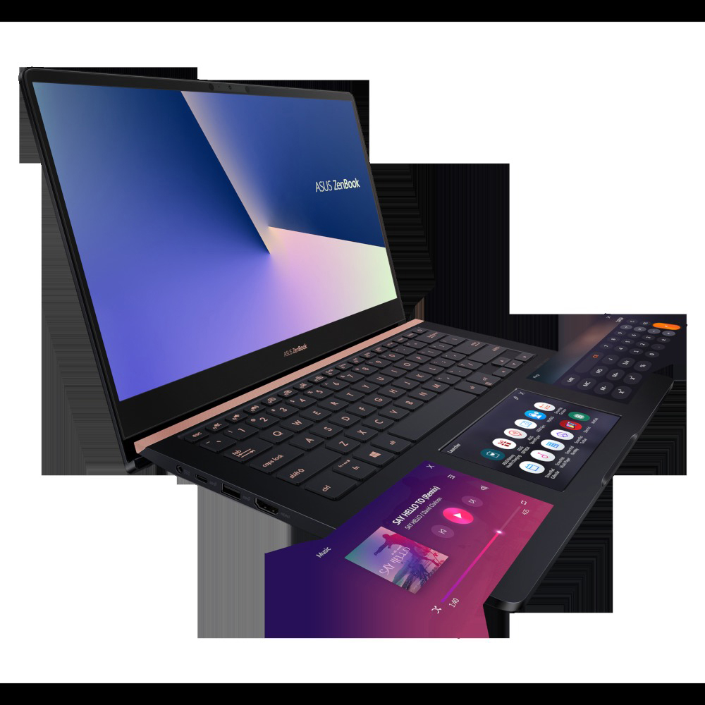 Schwarzes ASUS Zenbook Laptop, offen, mit zweitem Bildschirm und Musik-App. Gold Akzente.
