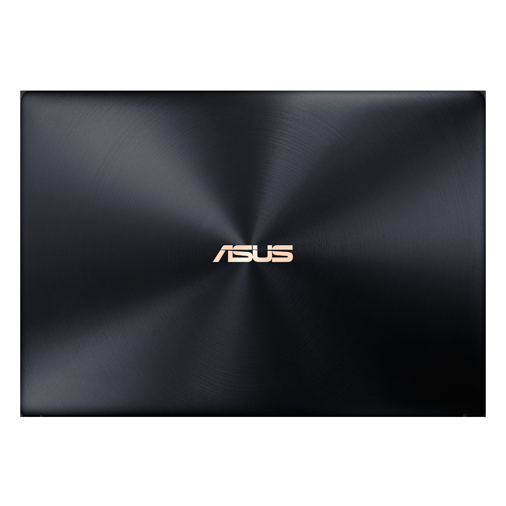 Die Rückseite eines schwarzen Laptops. Das ASUS-Logo ist goldfarben in der Mitte.