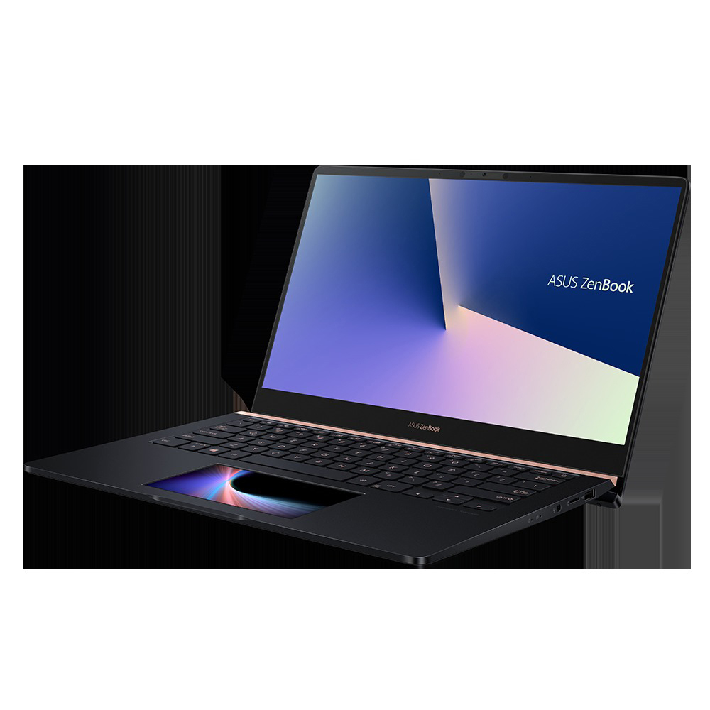 ASUS Zenbook Laptop. Geöffnet, schwarze Tastatur und roségoldfarbener Rahmen. Weißer Hintergrund.