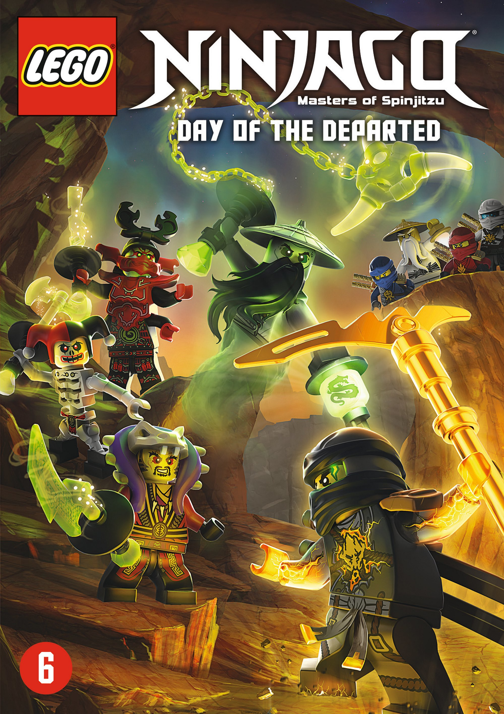 Lego Ninjago box art: Ninja's in actie, verschillende personages in een kleurrijke fantasie scène.