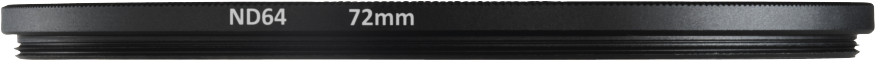 Schwarzer ND64 72mm Kameraobjektivfilter mit weißem Text. Strukturierte Kanten und Schraubgewinde sind sichtbar.