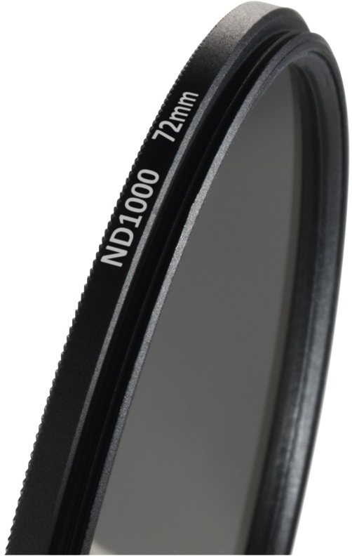 Schwarzer ND1000 72mm Kamerafilter. Kreisförmig, mit Text an der Seite. Graues Glas.