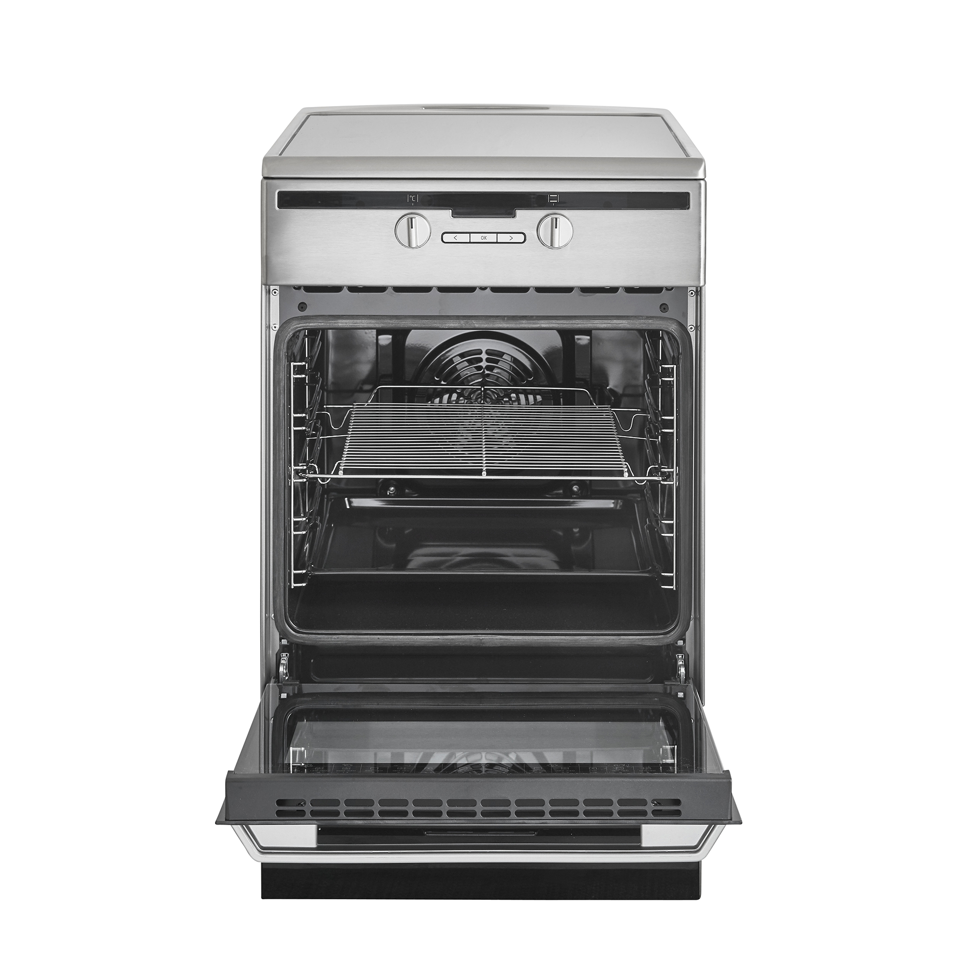A stainless steel oven with the door open, revealing racks and interior.